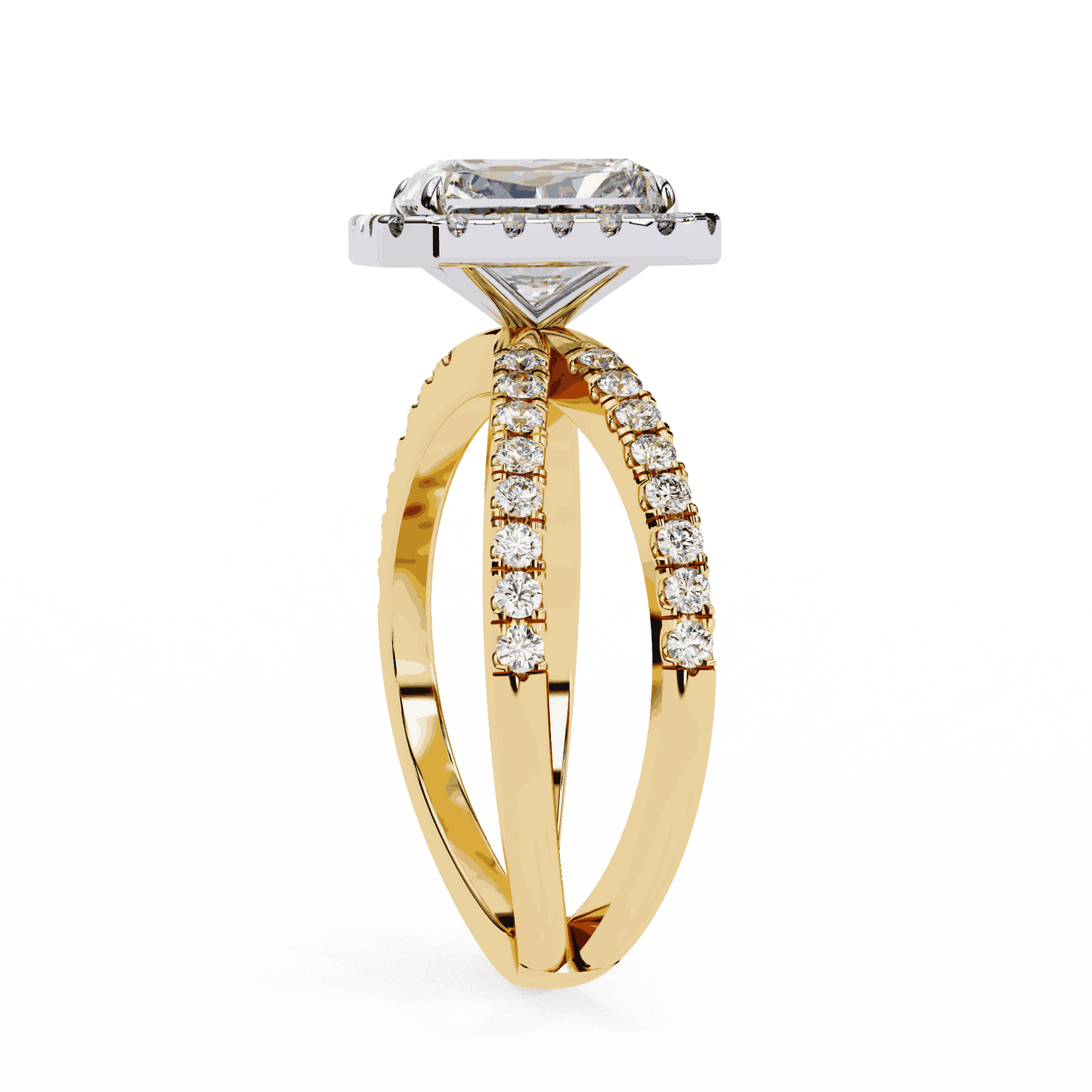 Emerald Cut Lab Grown Diamond Halo Engagement Ring with Pavé Crossover Shank