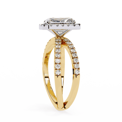 Emerald Cut Lab Grown Diamond Halo Engagement Ring with Pavé Crossover Shank