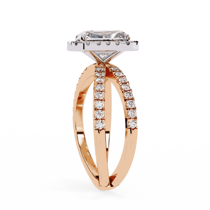 Emerald Cut Lab Grown Diamond Halo Engagement Ring with Pavé Crossover Shank