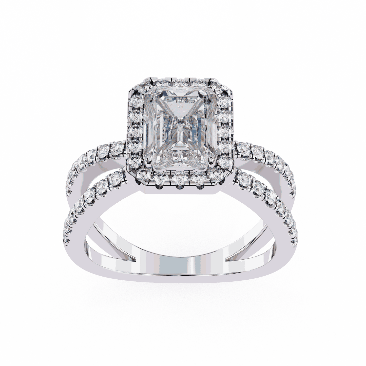 Emerald Cut Lab Grown Diamond Halo Engagement Ring with Pavé Crossover Shank