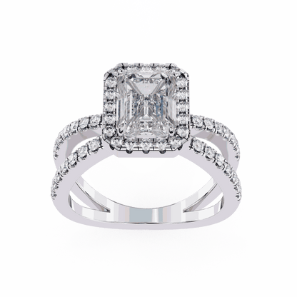 Emerald Cut Lab Grown Diamond Halo Engagement Ring with Pavé Crossover Shank