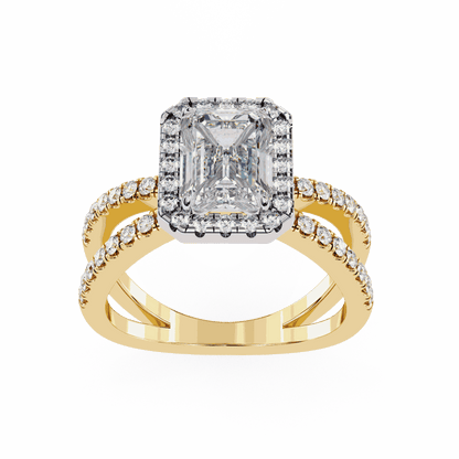 Emerald Cut Lab Grown Diamond Halo Engagement Ring with Pavé Crossover Shank