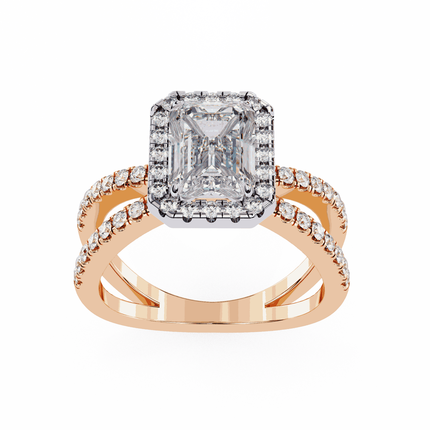 Emerald Cut Lab Grown Diamond Halo Engagement Ring with Pavé Crossover Shank