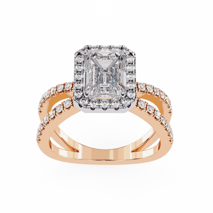 Emerald Cut Lab Grown Diamond Halo Engagement Ring with Pavé Crossover Shank
