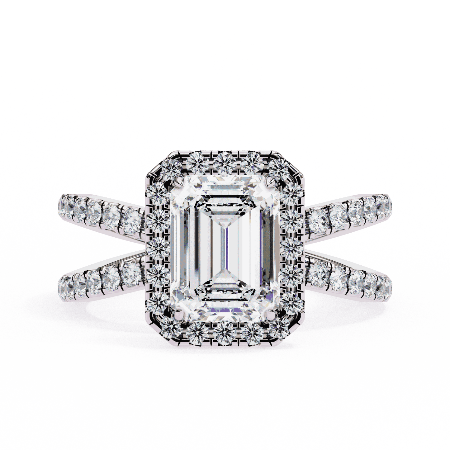 Emerald Cut Lab Grown Diamond Halo Engagement Ring with Pavé Crossover Shank