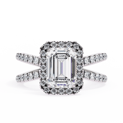 Emerald Cut Lab Grown Diamond Halo Engagement Ring with Pavé Crossover Shank