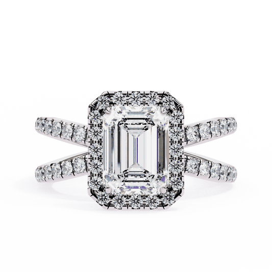Emerald Cut Lab Grown Diamond Halo Engagement Ring with Pavé Crossover Shank