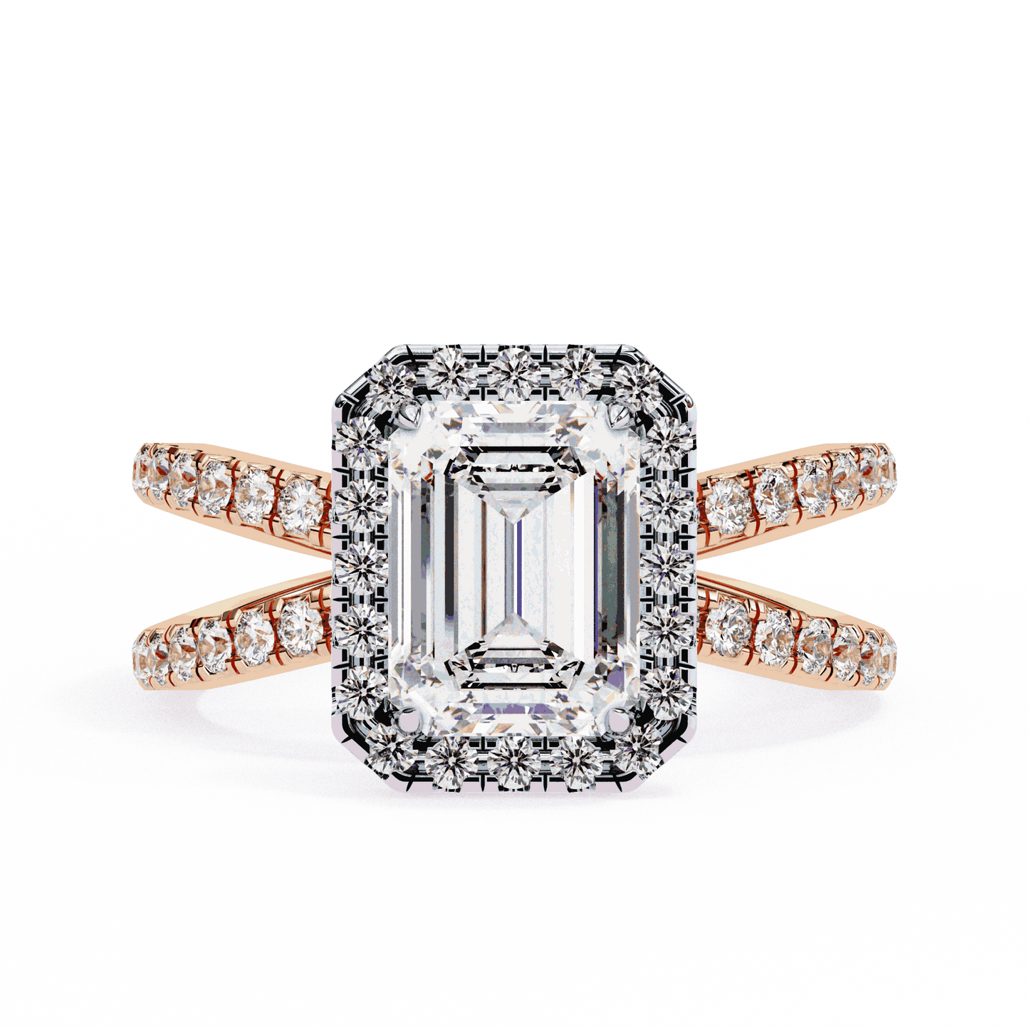 Emerald Cut Lab Grown Diamond Halo Engagement Ring with Pavé Crossover Shank