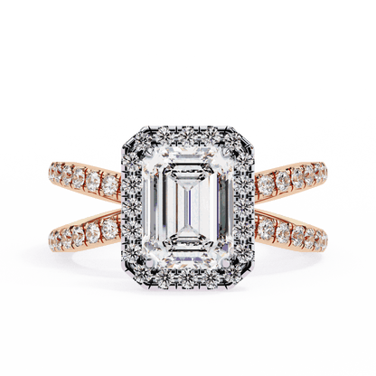Emerald Cut Lab Grown Diamond Halo Engagement Ring with Pavé Crossover Shank