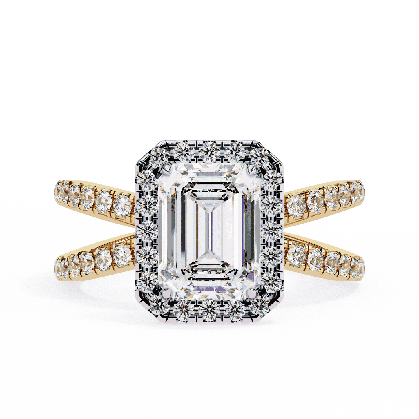 Emerald Cut Lab Grown Diamond Halo Engagement Ring with Pavé Crossover Shank