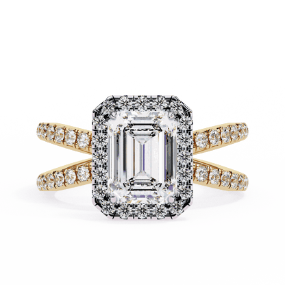 Emerald Cut Lab Grown Diamond Halo Engagement Ring with Pavé Crossover Shank