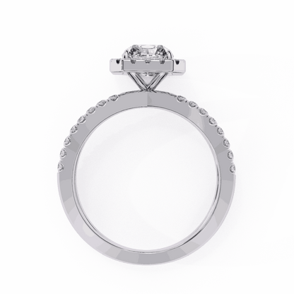 Emerald Cut Lab Grown Diamond Halo Engagement Ring with Pavé Crossover Shank