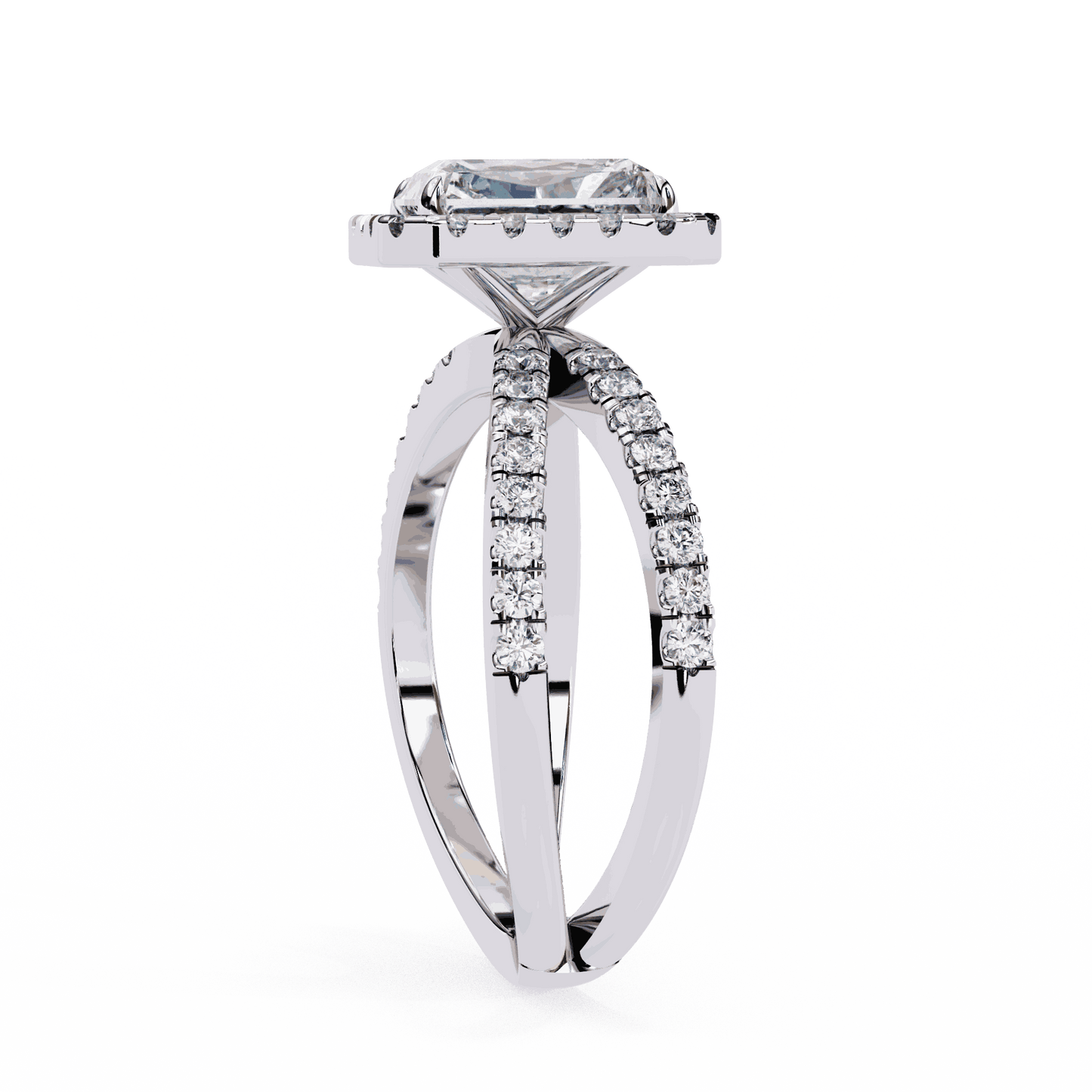 Emerald Cut Lab Grown Diamond Halo Engagement Ring with Pavé Crossover Shank