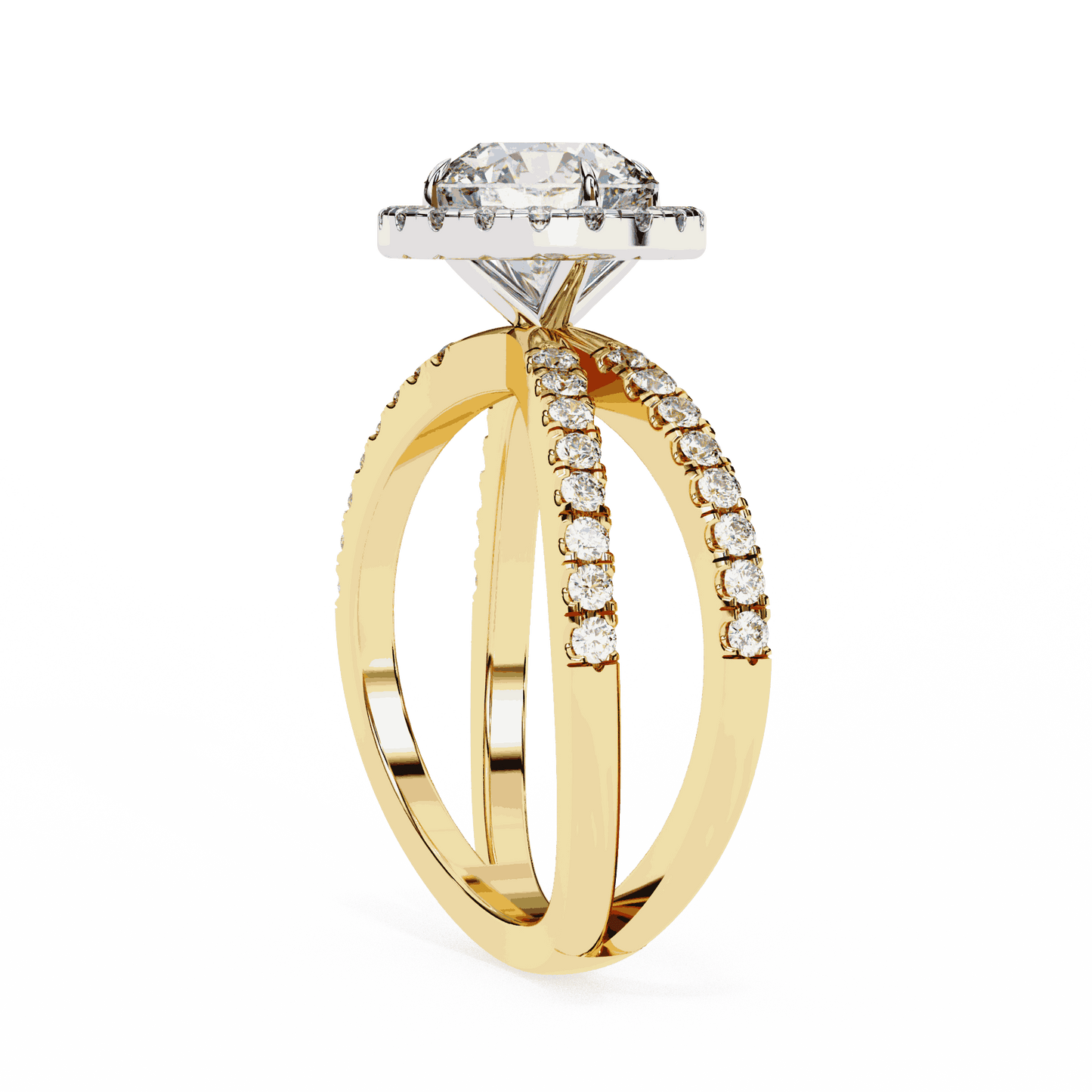 Round Cut Lab Grown Diamond Halo Engagement Ring with Pavé Crossover Shank