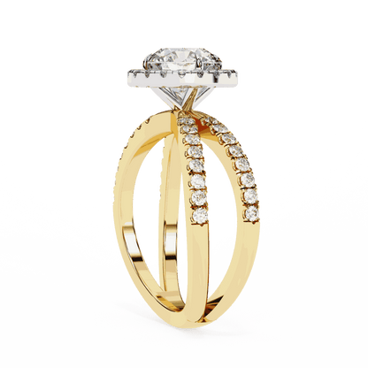 Round Cut Lab Grown Diamond Halo Engagement Ring with Pavé Crossover Shank