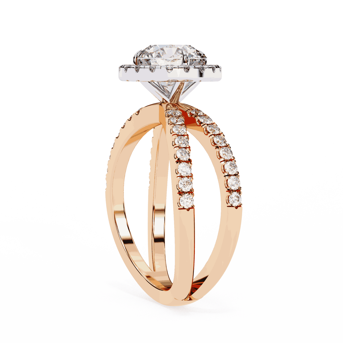 Round Cut Lab Grown Diamond Halo Engagement Ring with Pavé Crossover Shank