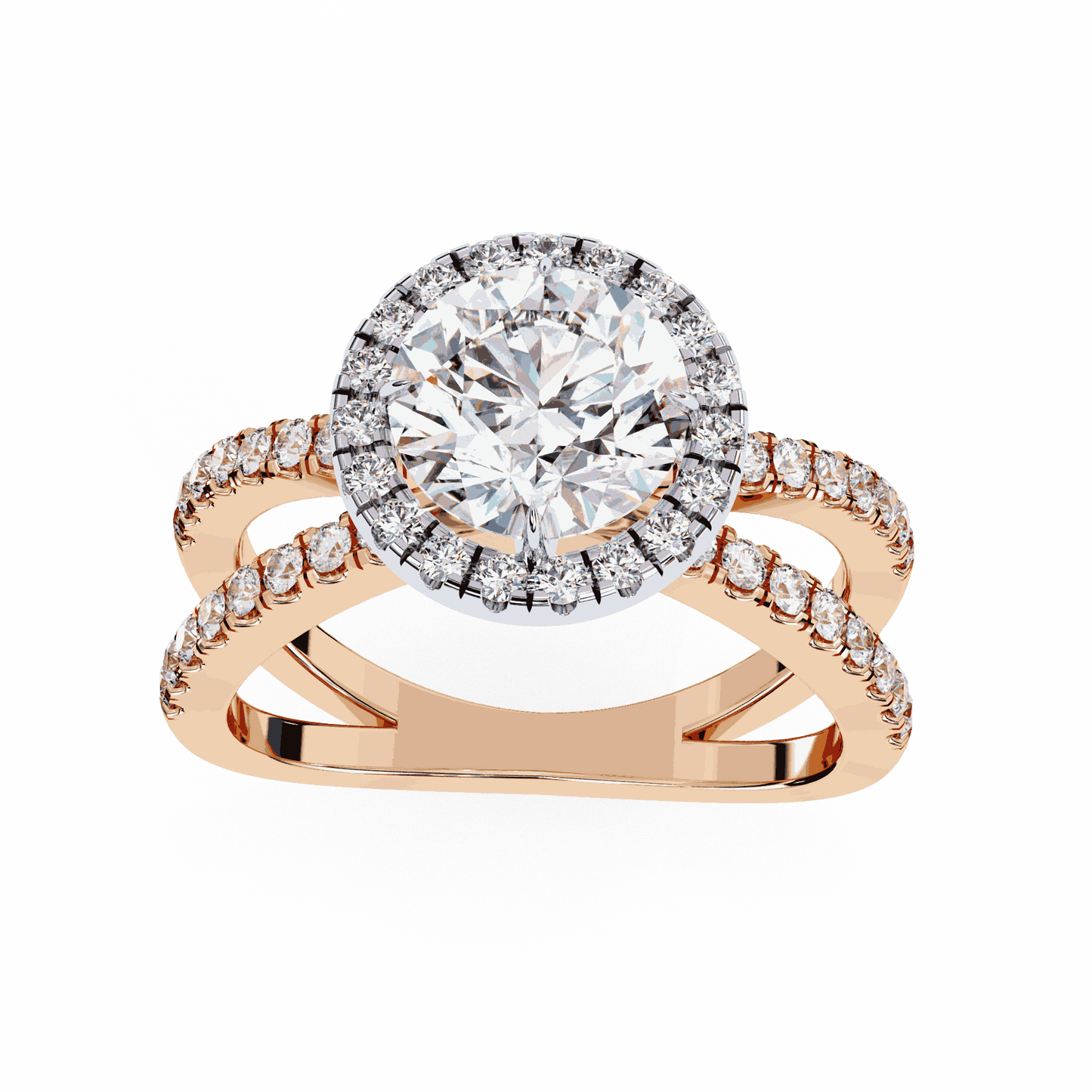 Round Cut Lab Grown Diamond Halo Engagement Ring with Pavé Crossover Shank