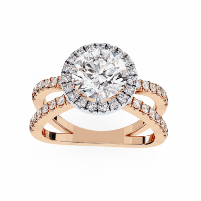Round Cut Lab Grown Diamond Halo Engagement Ring with Pavé Crossover Shank