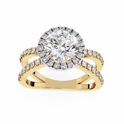 Round Cut Lab Grown Diamond Halo Engagement Ring with Pavé Crossover Shank