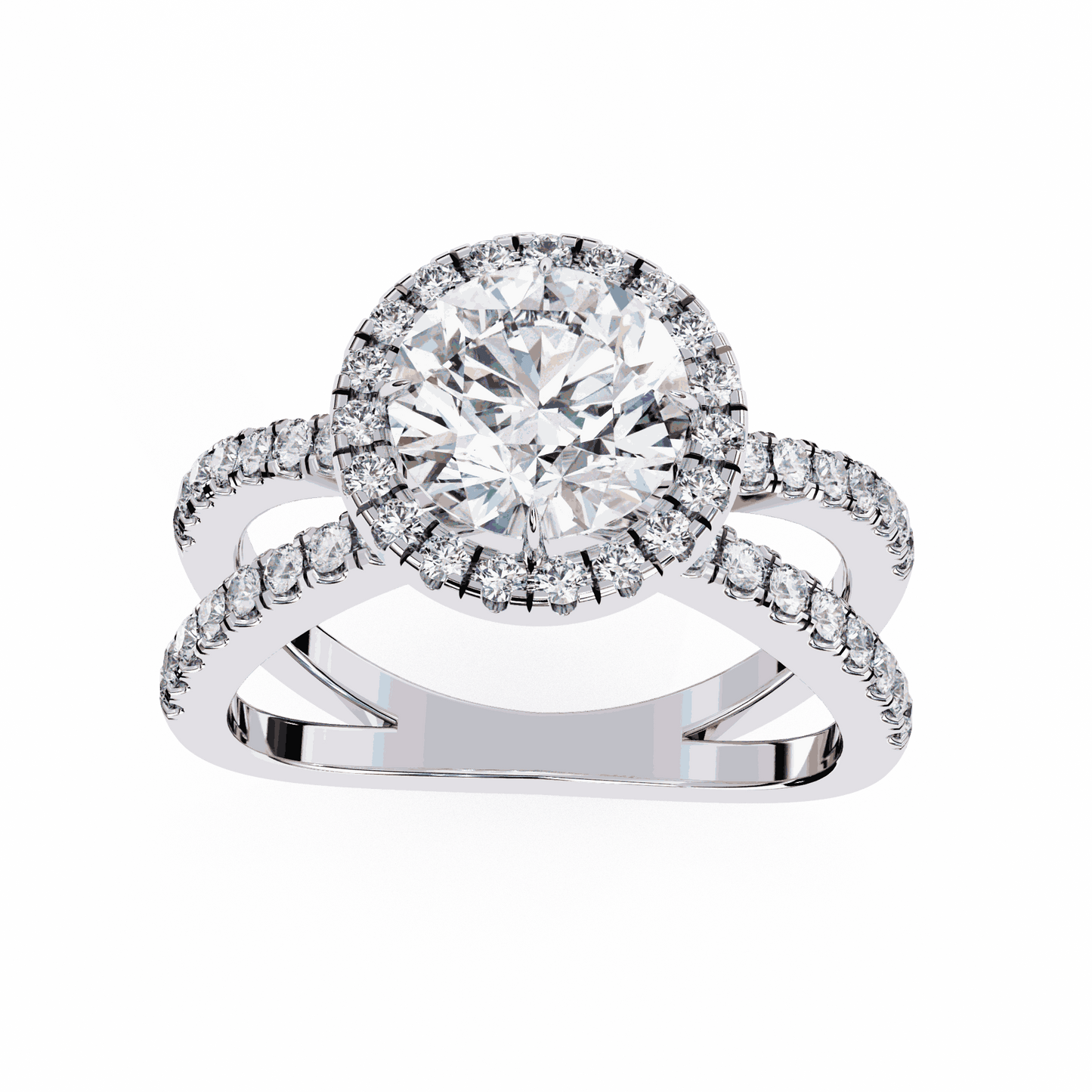 Round Cut Lab Grown Diamond Halo Engagement Ring with Pavé Crossover Shank