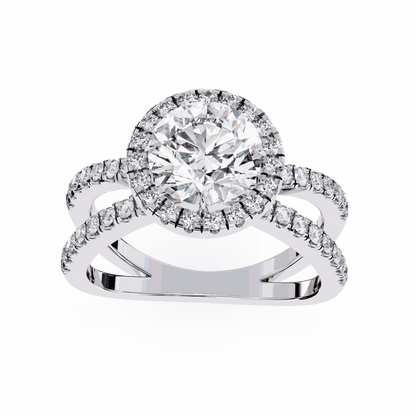 Round Cut Lab Grown Diamond Halo Engagement Ring with Pavé Crossover Shank