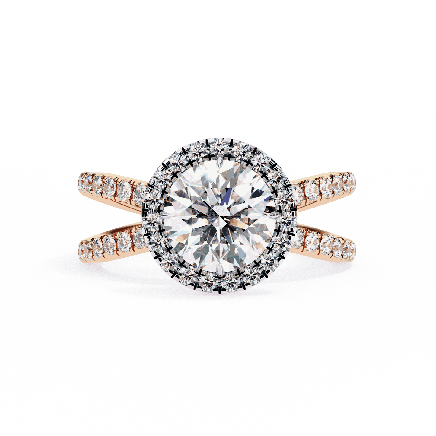 Round Cut Lab Grown Diamond Halo Engagement Ring with Pavé Crossover Shank