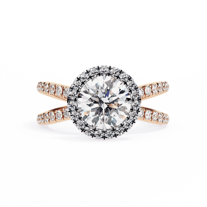 Round Cut Lab Grown Diamond Halo Engagement Ring with Pavé Crossover Shank