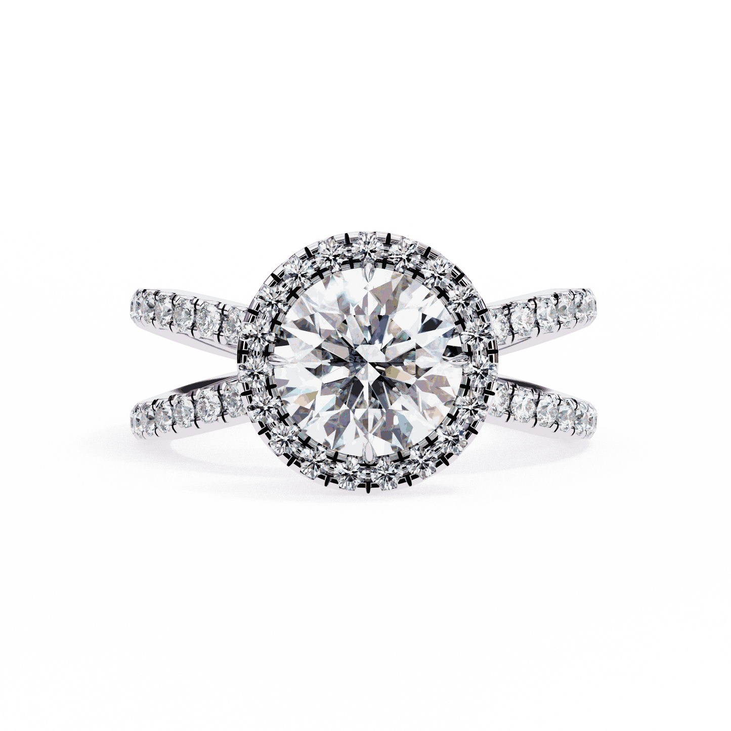 Round Cut Lab Grown Diamond Halo Engagement Ring with Pavé Crossover Shank