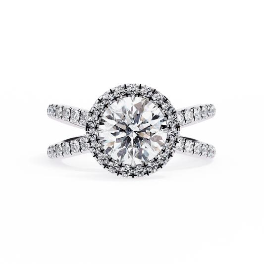 Round Cut Lab Grown Diamond Halo Engagement Ring with Pavé Crossover Shank