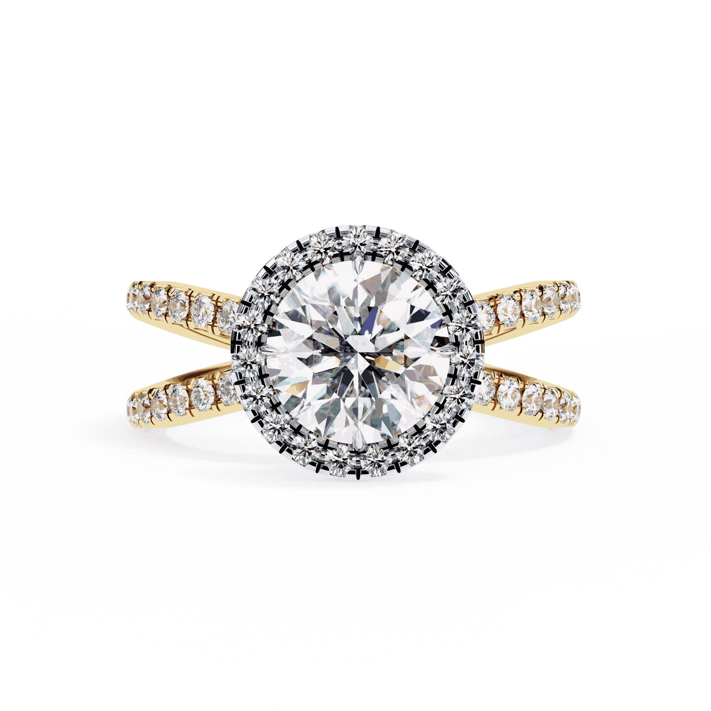 Round Cut Lab Grown Diamond Halo Engagement Ring with Pavé Crossover Shank