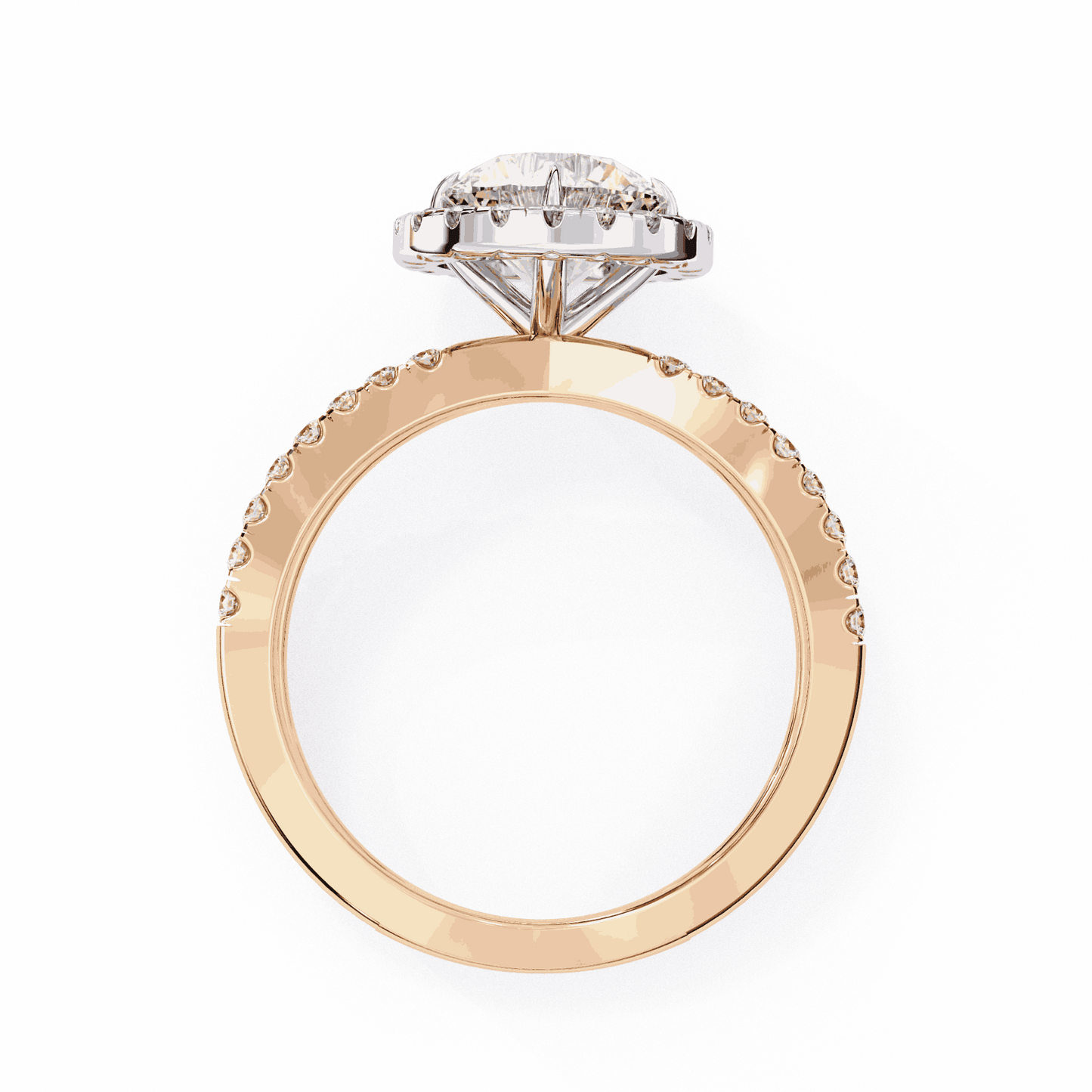 Round Cut Lab Grown Diamond Halo Engagement Ring with Pavé Crossover Shank