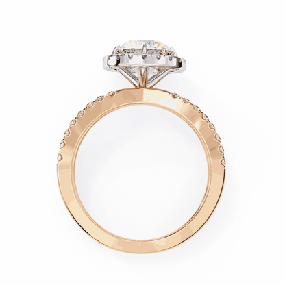 Round Cut Lab Grown Diamond Halo Engagement Ring with Pavé Crossover Shank