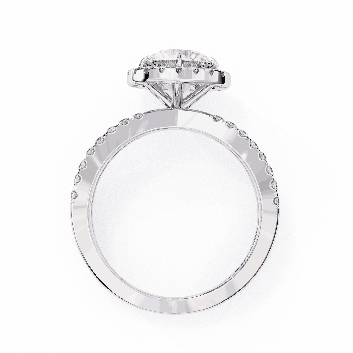 Round Cut Lab Grown Diamond Halo Engagement Ring with Pavé Crossover Shank