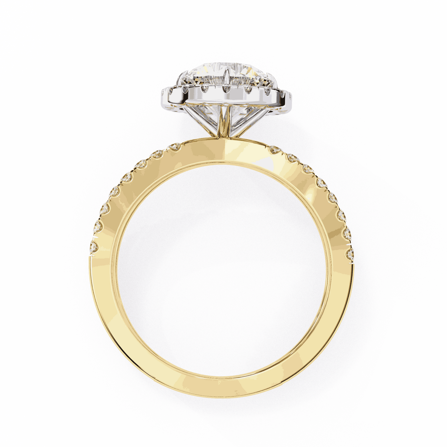 Round Cut Lab Grown Diamond Halo Engagement Ring with Pavé Crossover Shank