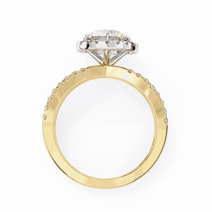 Round Cut Lab Grown Diamond Halo Engagement Ring with Pavé Crossover Shank
