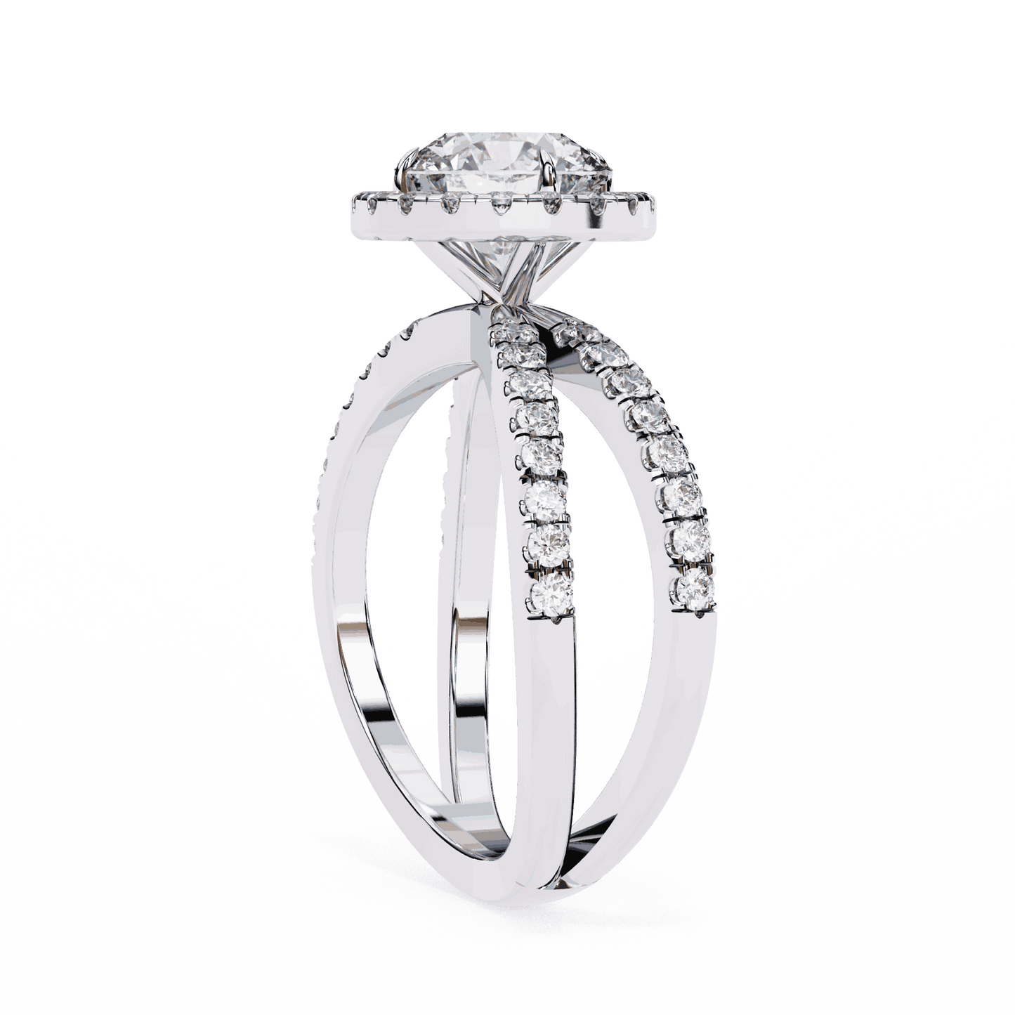 Round Cut Lab Grown Diamond Halo Engagement Ring with Pavé Crossover Shank