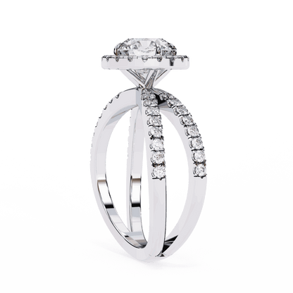 Round Cut Lab Grown Diamond Halo Engagement Ring with Pavé Crossover Shank