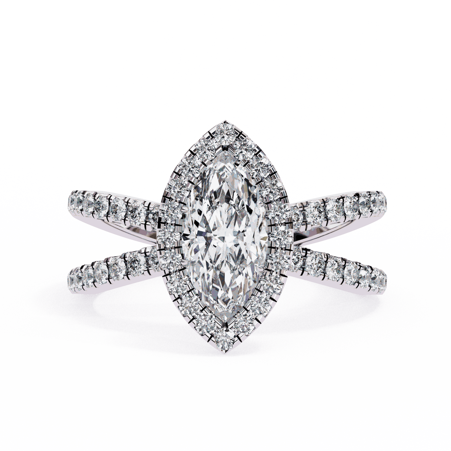 Marquise Cut Lab Grown Diamond Halo Engagement Ring with Pavé Crossover Shank