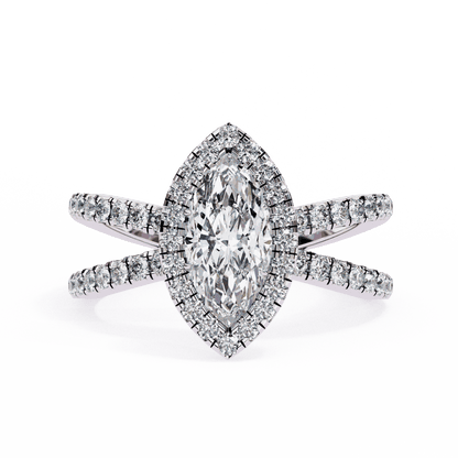 Marquise Cut Lab Grown Diamond Halo Engagement Ring with Pavé Crossover Shank