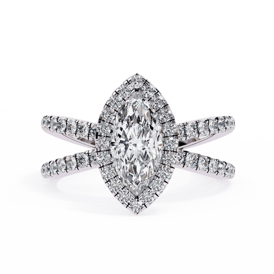 Marquise Cut Lab Grown Diamond Halo Engagement Ring with Pavé Crossover Shank