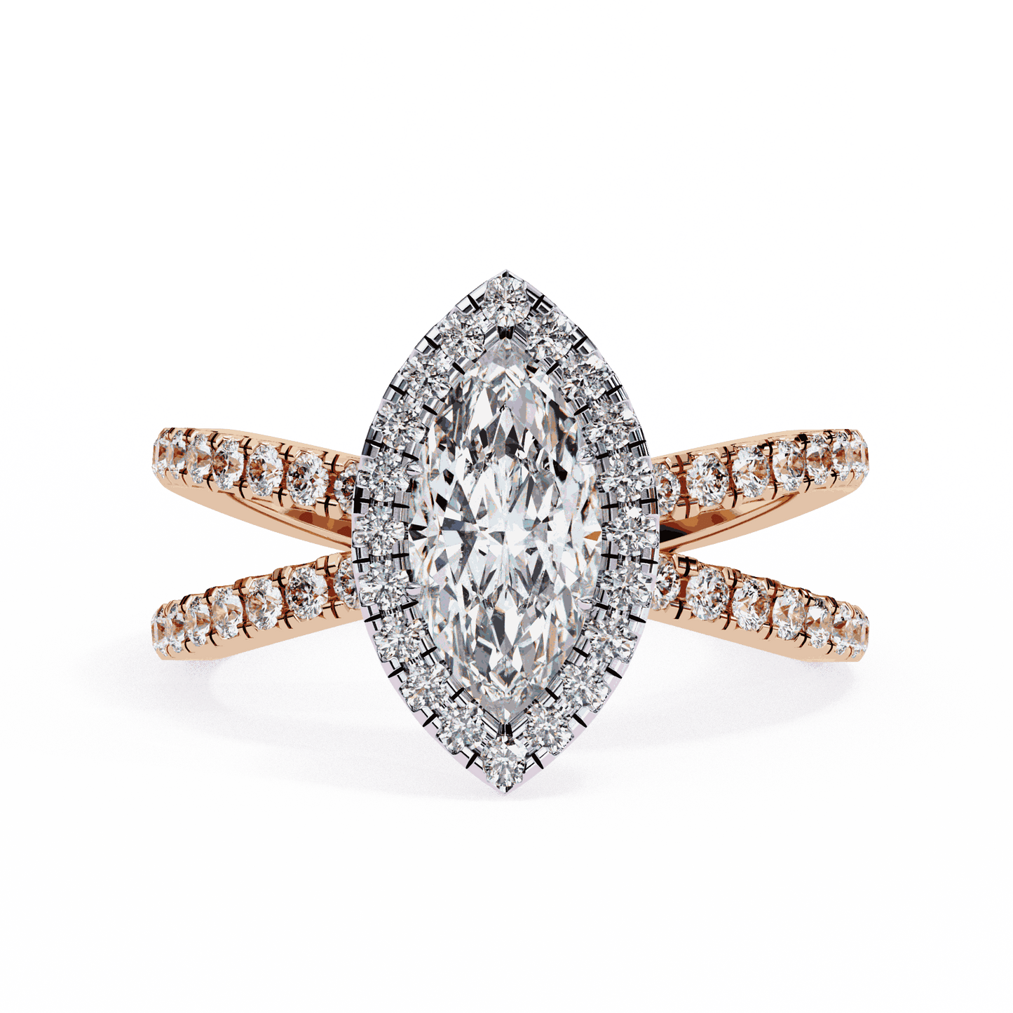 Marquise Cut Lab Grown Diamond Halo Engagement Ring with Pavé Crossover Shank