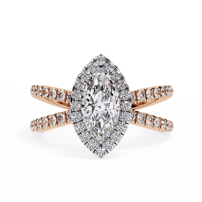Marquise Cut Lab Grown Diamond Halo Engagement Ring with Pavé Crossover Shank