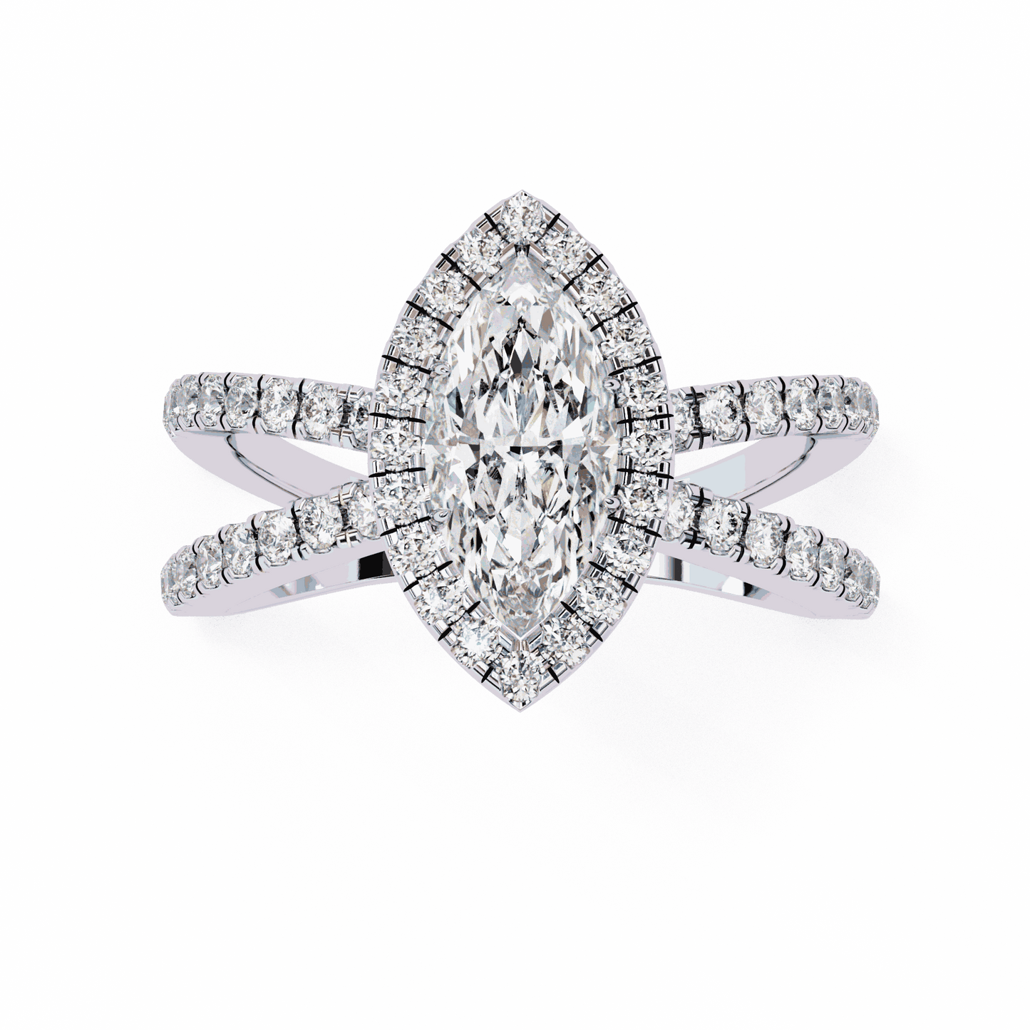 Marquise Cut Lab Grown Diamond Halo Engagement Ring with Pavé Crossover Shank