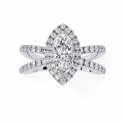 Marquise Cut Lab Grown Diamond Halo Engagement Ring with Pavé Crossover Shank