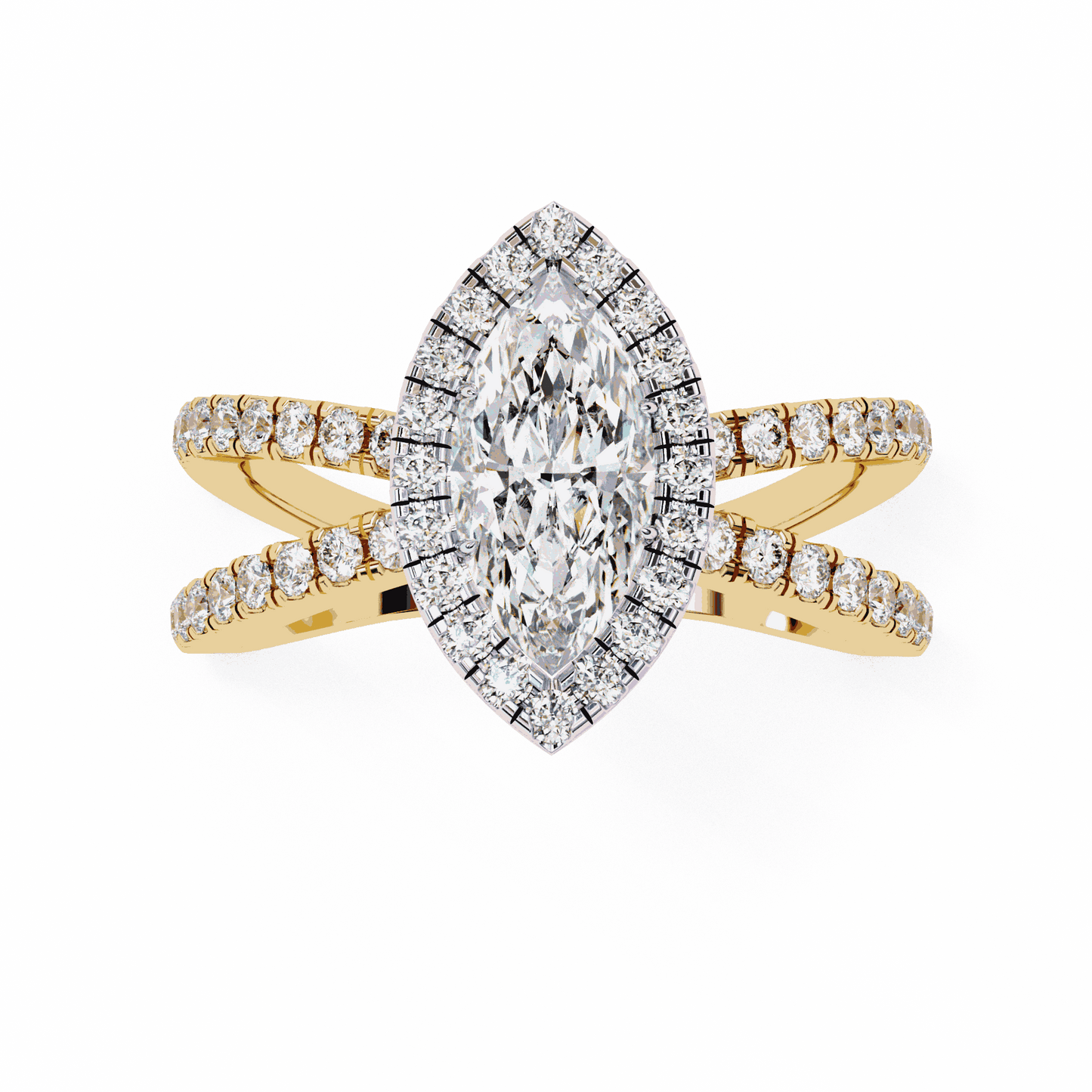 Marquise Cut Lab Grown Diamond Halo Engagement Ring with Pavé Crossover Shank
