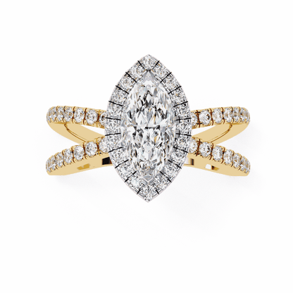 Marquise Cut Lab Grown Diamond Halo Engagement Ring with Pavé Crossover Shank