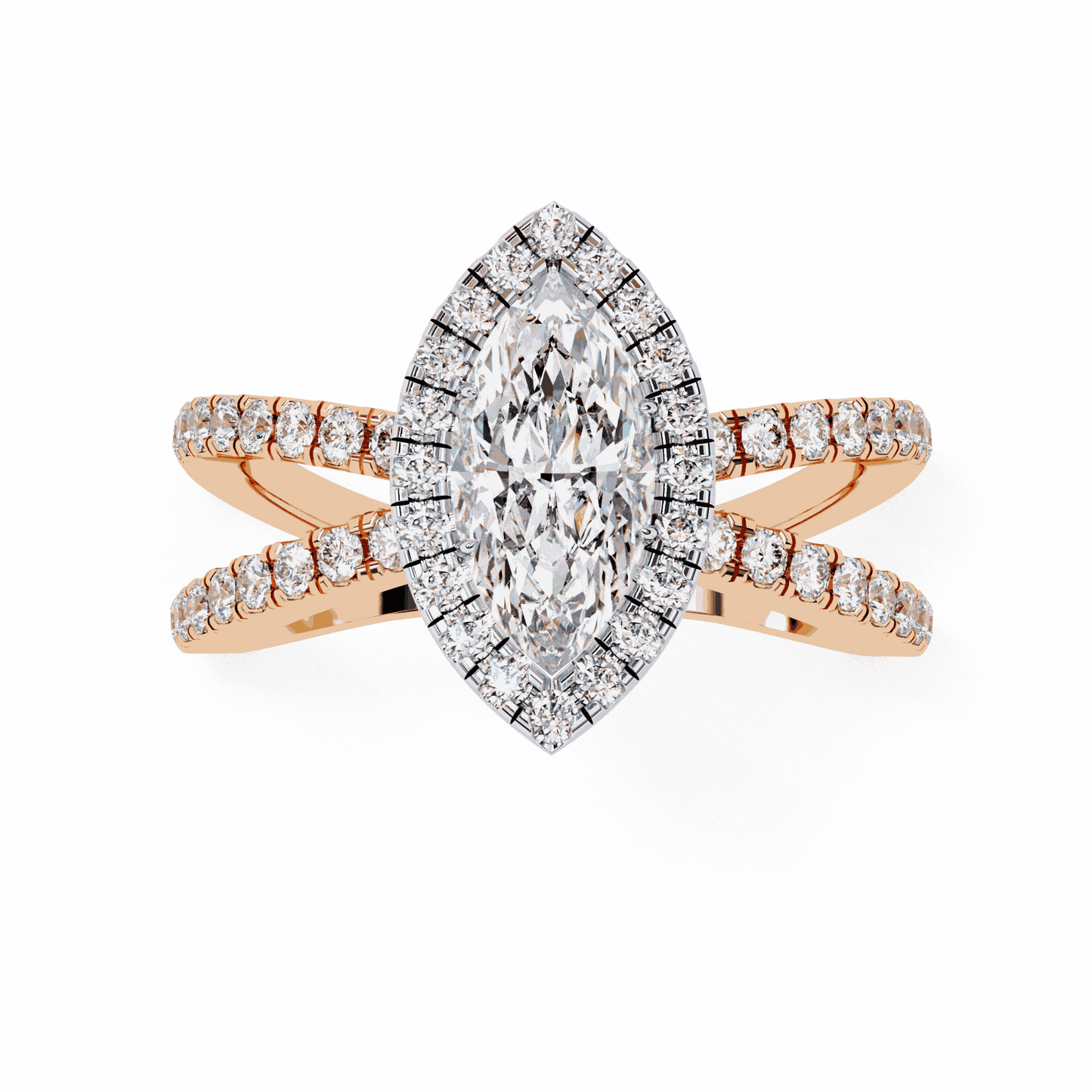 Marquise Cut Lab Grown Diamond Halo Engagement Ring with Pavé Crossover Shank