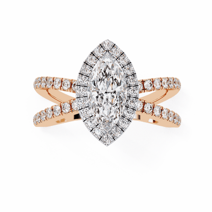 Marquise Cut Lab Grown Diamond Halo Engagement Ring with Pavé Crossover Shank