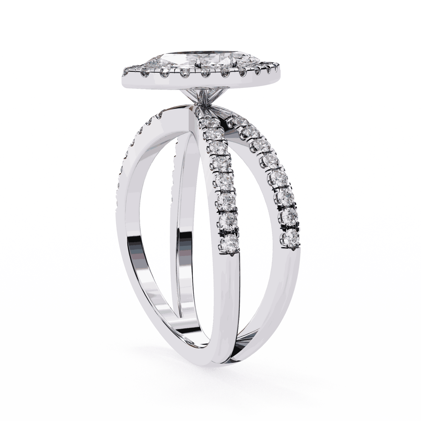 Marquise Cut Lab Grown Diamond Halo Engagement Ring with Pavé Crossover Shank