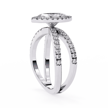 Marquise Cut Lab Grown Diamond Halo Engagement Ring with Pavé Crossover Shank